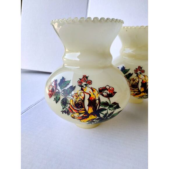 4 Vtg Transfer Flowers Glass Lamp Shade Yellow Roses Chimney Hurricane Electric - Picture 4 of 9
